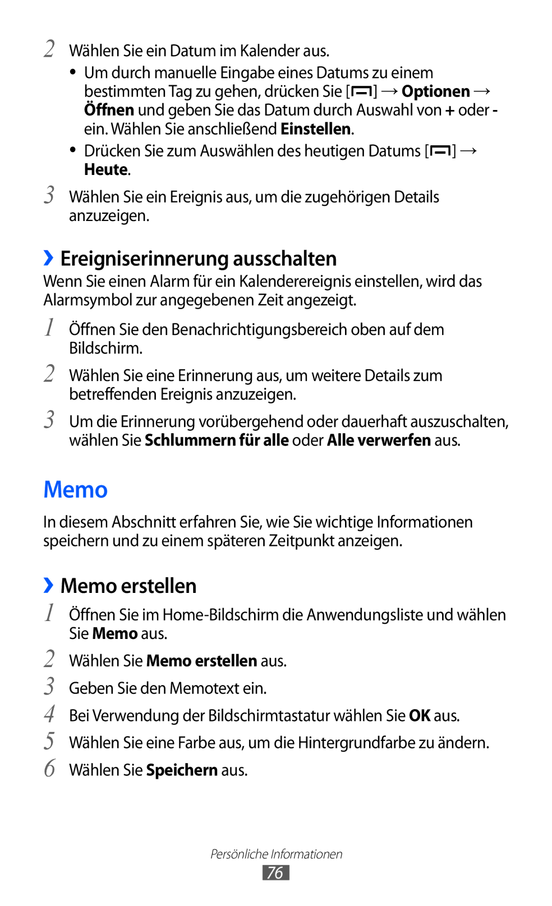 Samsung GT-B5510CAADBT, GT-B5510CAATUR, GT-B5510WSATUR manual ››Ereigniserinnerung ausschalten, ››Memo erstellen 