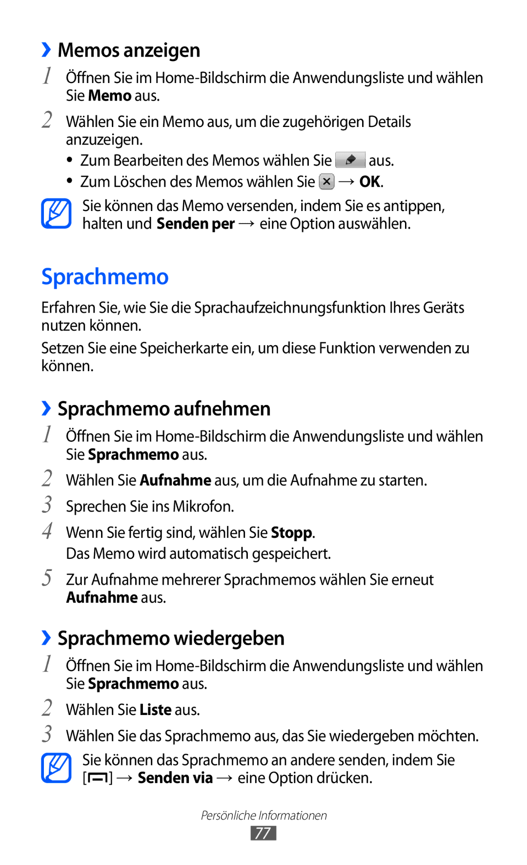 Samsung GT-B5510WSATUR, GT-B5510CAATUR manual ››Memos anzeigen, ››Sprachmemo aufnehmen, ››Sprachmemo wiedergeben 