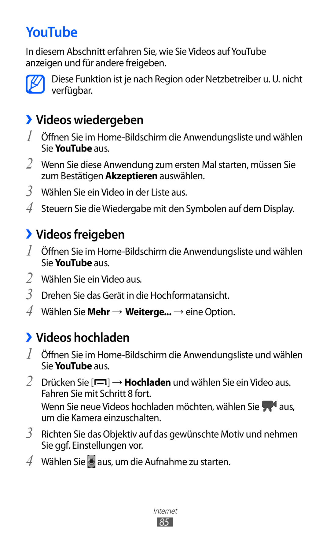 Samsung GT-B5510CAADBT, GT-B5510CAATUR manual YouTube, ››Videos wiedergeben, ››Videos freigeben, ››Videos hochladen 