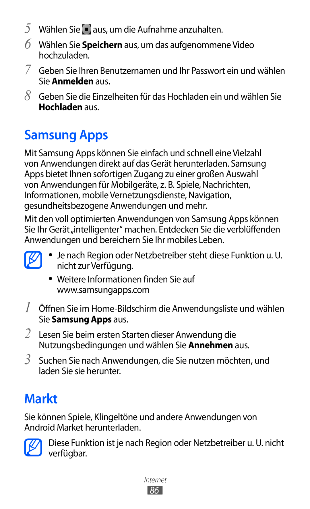 Samsung GT-B5510WSATUR, GT-B5510CAATUR, GT-B5510CAADBT manual Samsung Apps, Markt 