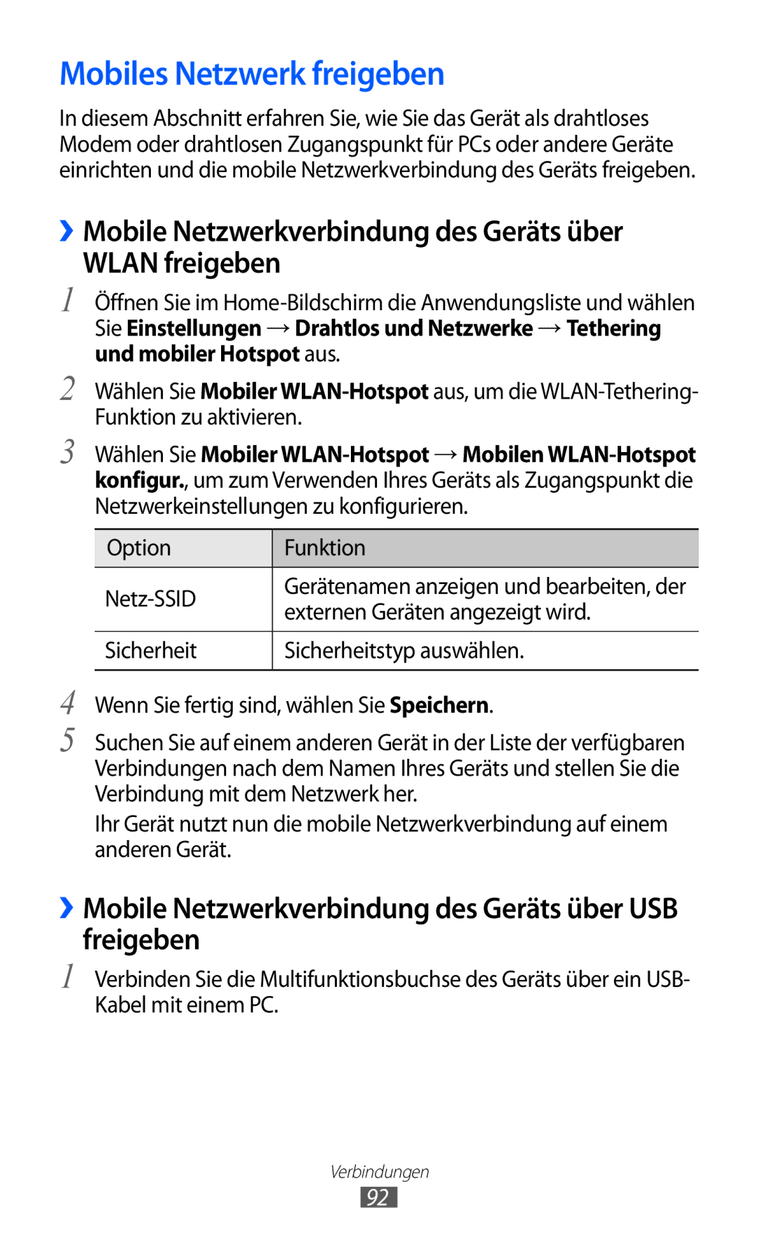 Samsung GT-B5510WSATUR manual Mobiles Netzwerk freigeben, ››Mobile Netzwerkverbindung des Geräts über Wlan freigeben 