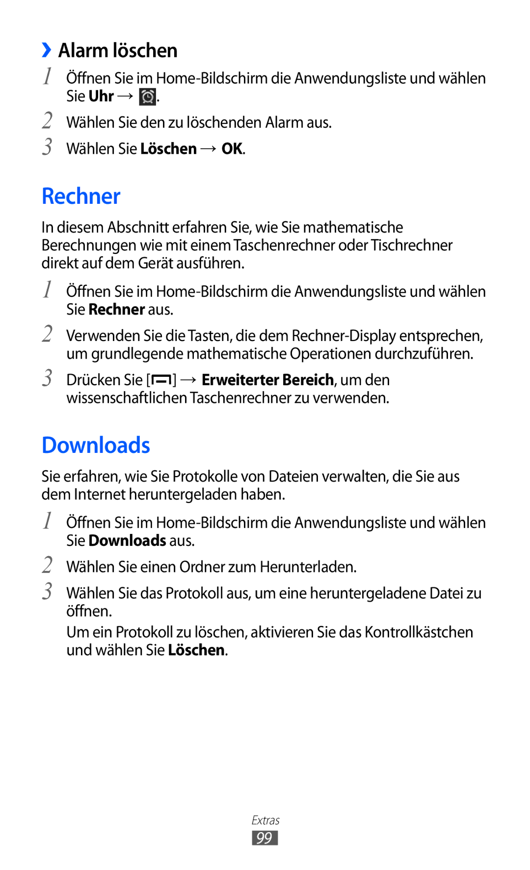 Samsung GT-B5510CAATUR, GT-B5510CAADBT, GT-B5510WSATUR manual Rechner, Downloads, ››Alarm löschen 