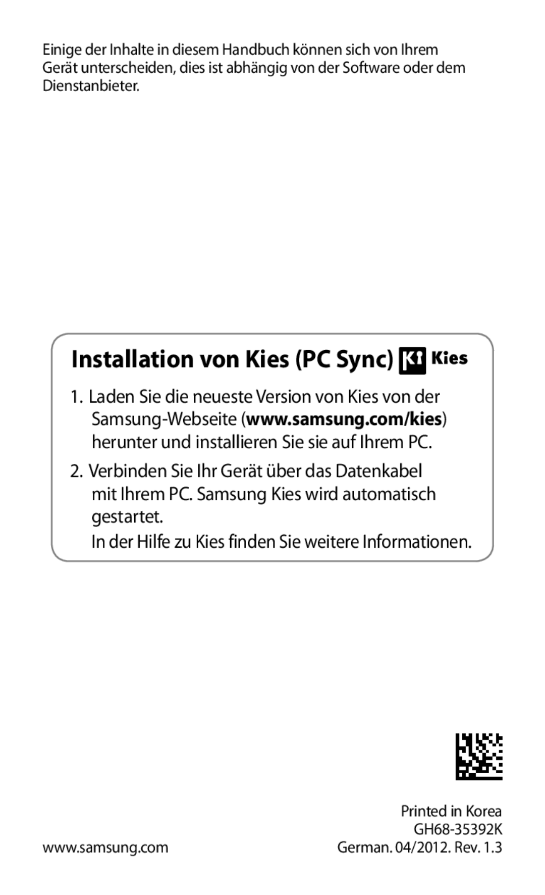 Samsung GT-B5510WSATUR, GT-B5510CAATUR, GT-B5510CAADBT manual Installation von Kies PC Sync, GH68-35392K 