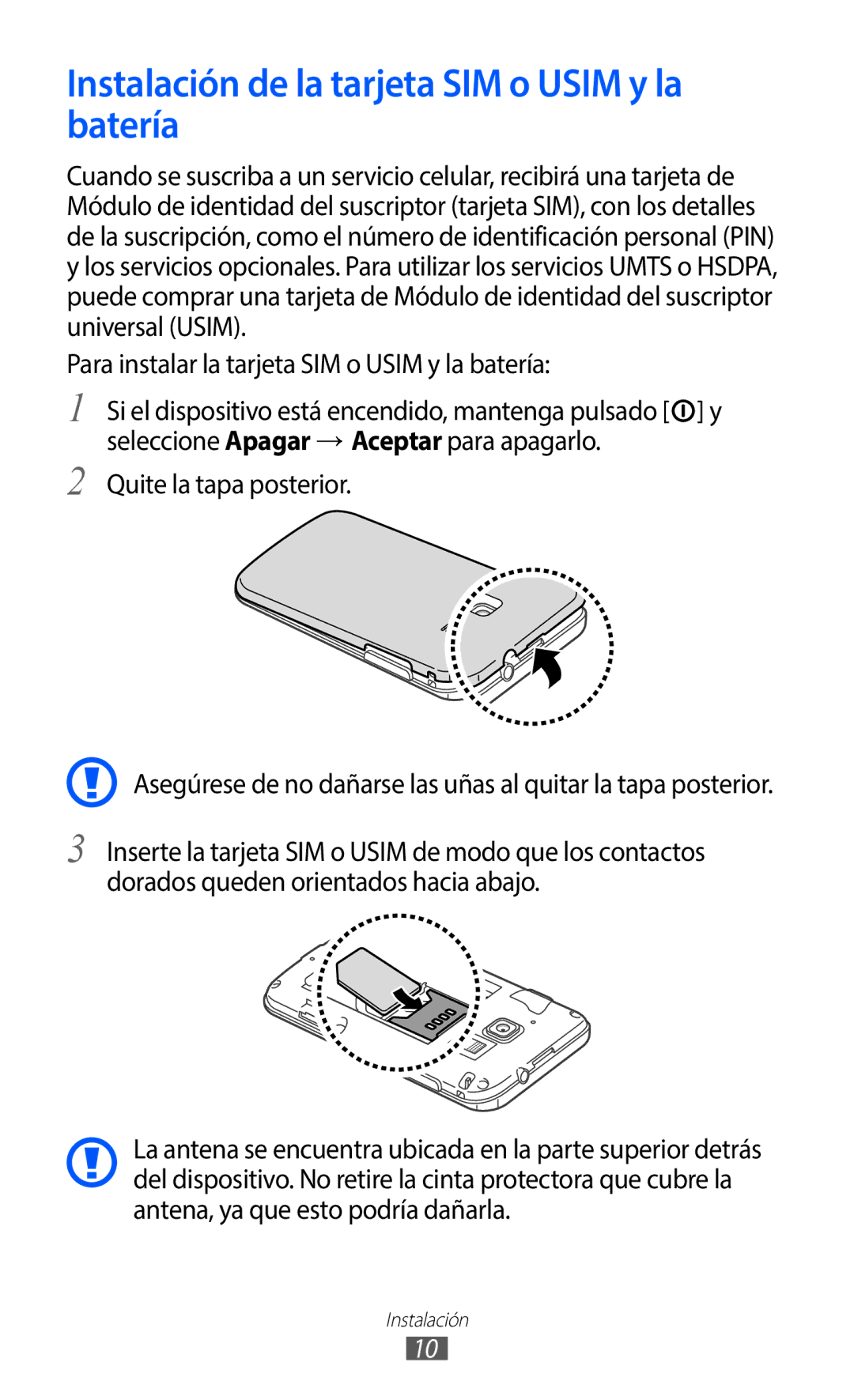 Samsung GT-B5510CAAYOG Instalación de la tarjeta SIM o Usim y la batería, Para instalar la tarjeta SIM o Usim y la batería 