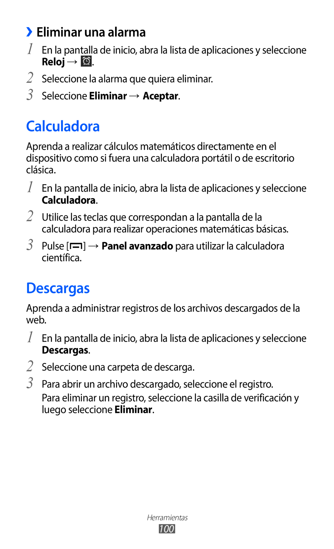 Samsung GT-B5510CAAYOG, GT-B5510CAAFOP Calculadora, Descargas, ››Eliminar una alarma, Seleccione Eliminar → Aceptar, 100 