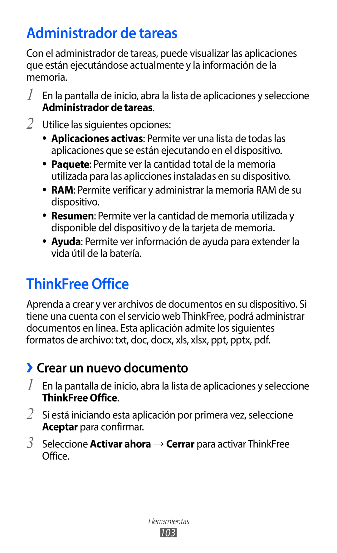 Samsung GT-B5510WSAFOP, GT-B5510CAAYOG manual Administrador de tareas, ThinkFree Office, ››Crear un nuevo documento, 103 