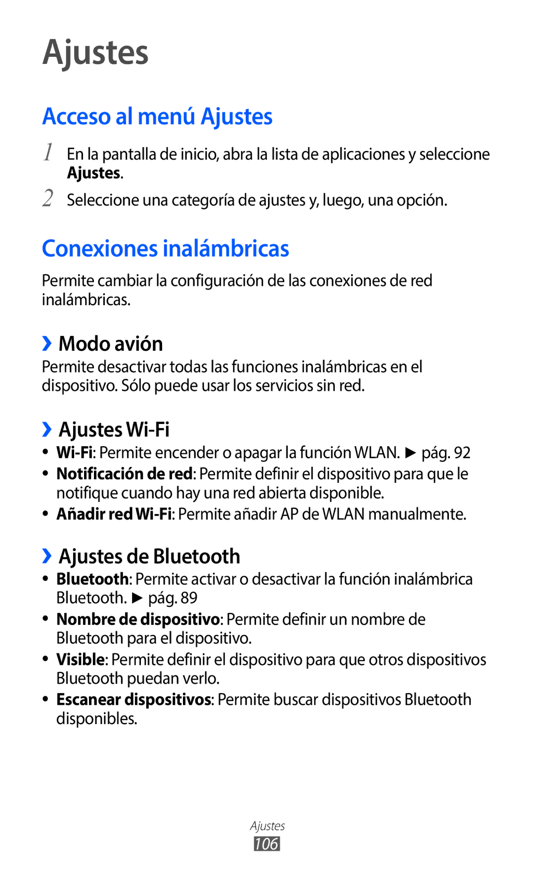 Samsung GT-B5510WSAPHE, GT-B5510CAAYOG, GT-B5510CAAFOP, GT-B5510CAAPHE Acceso al menú Ajustes, Conexiones inalámbricas 