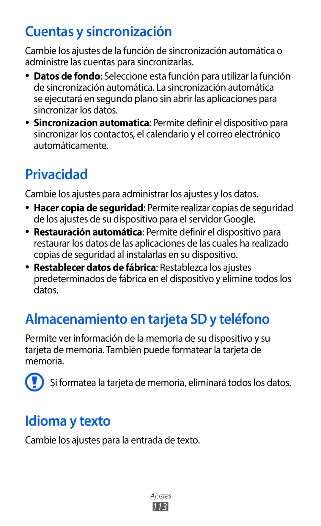 Samsung GT-B5510WSAFOP Cuentas y sincronización, Privacidad, Almacenamiento en tarjeta SD y teléfono, Idioma y texto, 113 