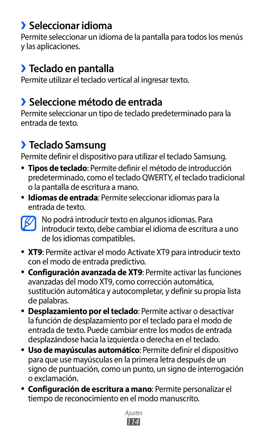 Samsung GT-B5510WSAAMN ››Seleccionar idioma, ››Teclado en pantalla, ››Seleccione método de entrada, ››Teclado Samsung, 114 