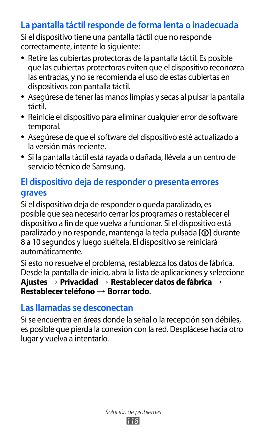 Samsung GT-B5510CAAATL, GT-B5510CAAYOG, GT-B5510CAAFOP manual La pantalla táctil responde de forma lenta o inadecuada, 118 