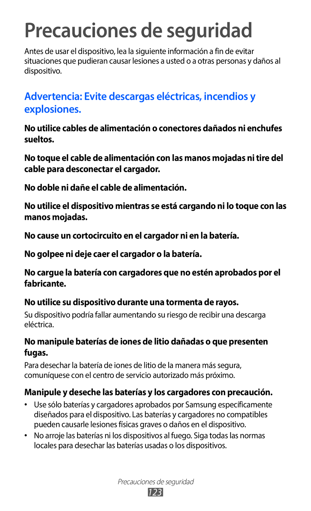 Samsung GT-B5510WSAFOP, GT-B5510CAAYOG, GT-B5510CAAFOP, GT-B5510CAAPHE, GT-B5510WSAAMN manual Precauciones de seguridad, 123 