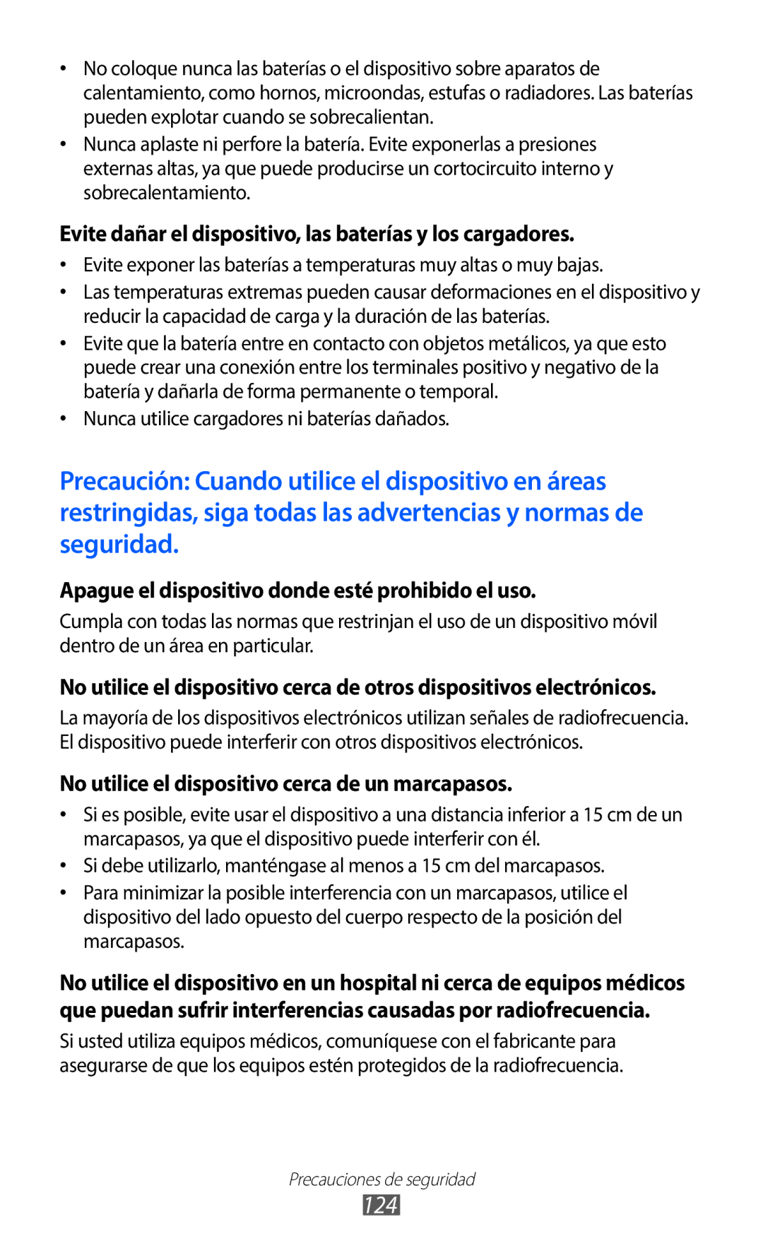 Samsung GT-B5510WSAAMN, GT-B5510CAAYOG, GT-B5510CAAFOP manual 124, Evite dañar el dispositivo, las baterías y los cargadores 