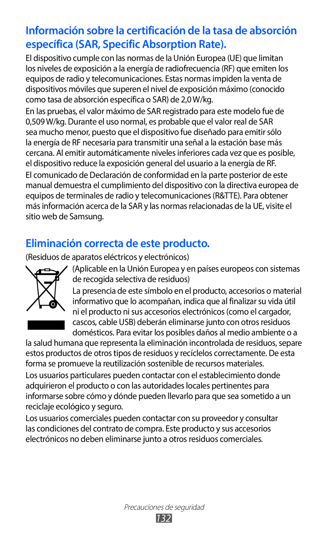 Samsung GT-B5510CAAPHE, GT-B5510CAAYOG, GT-B5510CAAFOP, GT-B5510WSAFOP manual Eliminación correcta de este producto, 132 