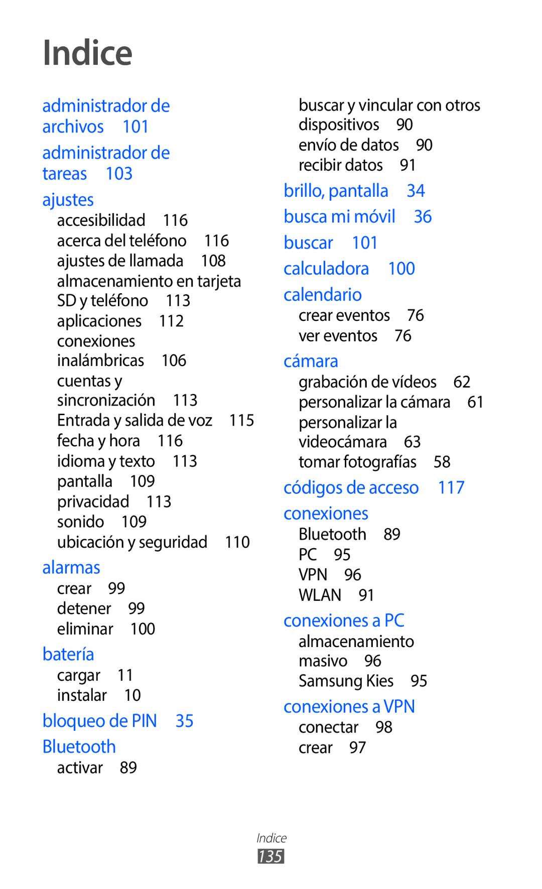 Samsung GT-B5510WSAATL, GT-B5510CAAYOG, GT-B5510CAAFOP, GT-B5510CAAPHE, GT-B5510WSAFOP, GT-B5510WSAAMN manual Indice, 135 