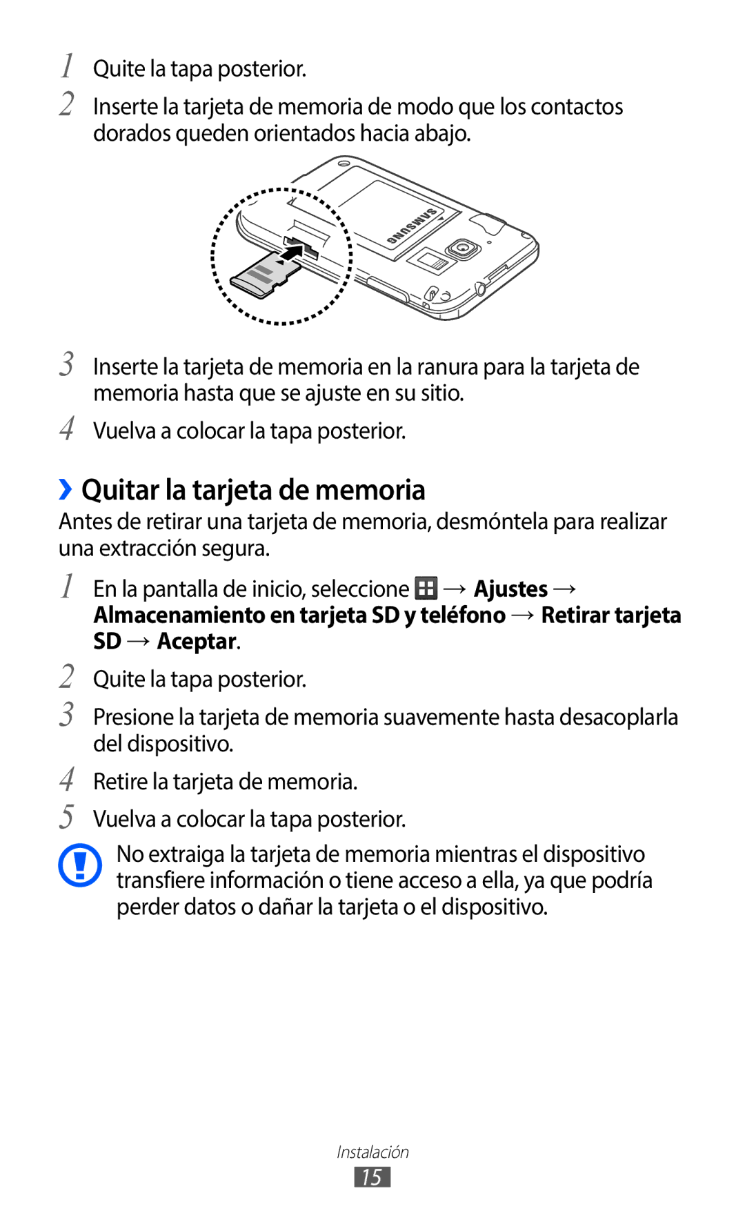 Samsung GT-B5510WSAATL, GT-B5510CAAYOG, GT-B5510CAAFOP manual ››Quitar la tarjeta de memoria, Quite la tapa posterior 