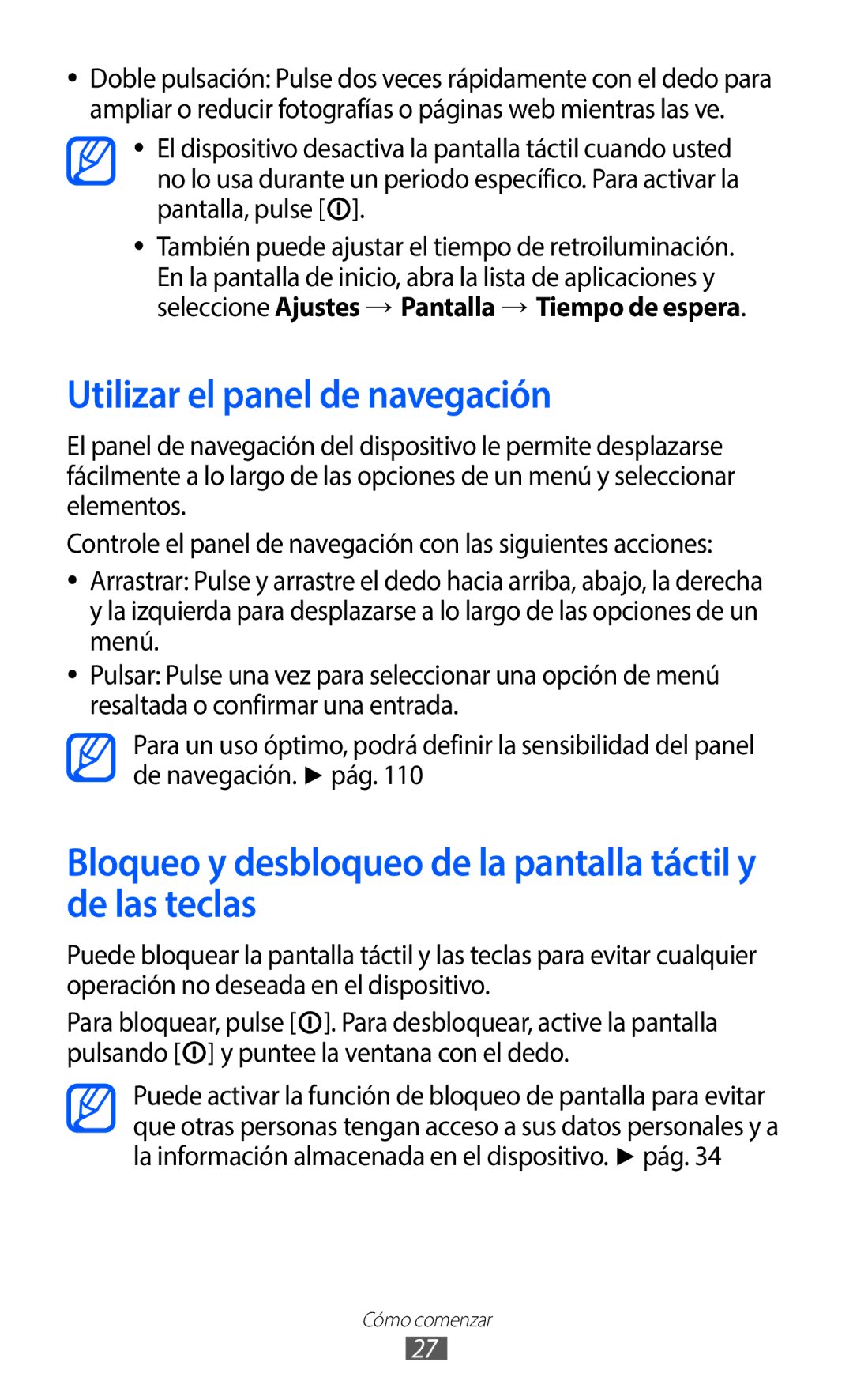 Samsung GT-B5510WSAYOG manual Utilizar el panel de navegación, Bloqueo y desbloqueo de la pantalla táctil y de las teclas 