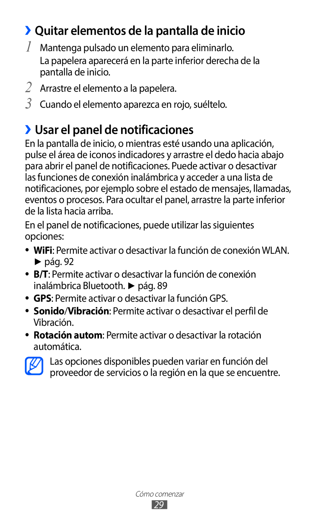 Samsung GT-B5510CAAAMN, GT-B5510CAAYOG manual ››Quitar elementos de la pantalla de inicio, ››Usar el panel de notificaciones 