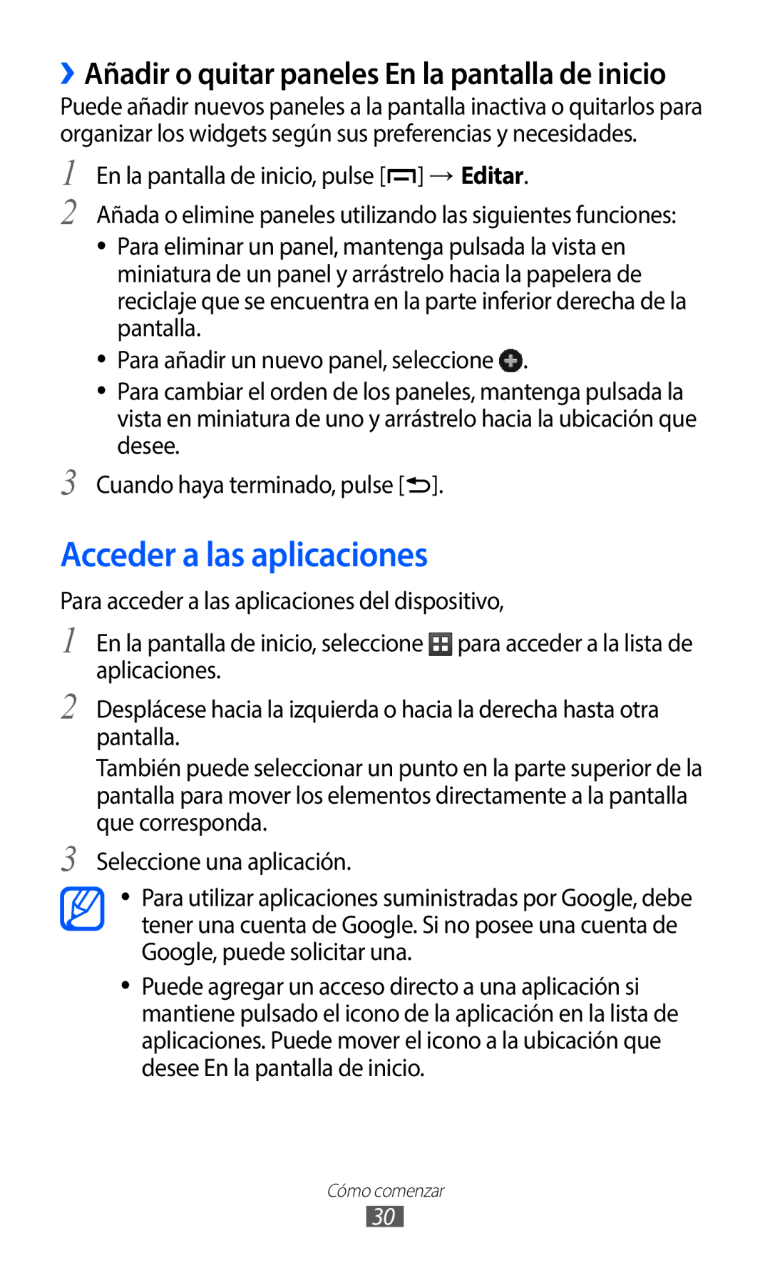 Samsung GT-B5510CAAYOG, GT-B5510CAAFOP manual Acceder a las aplicaciones, ››Añadir o quitar paneles En la pantalla de inicio 