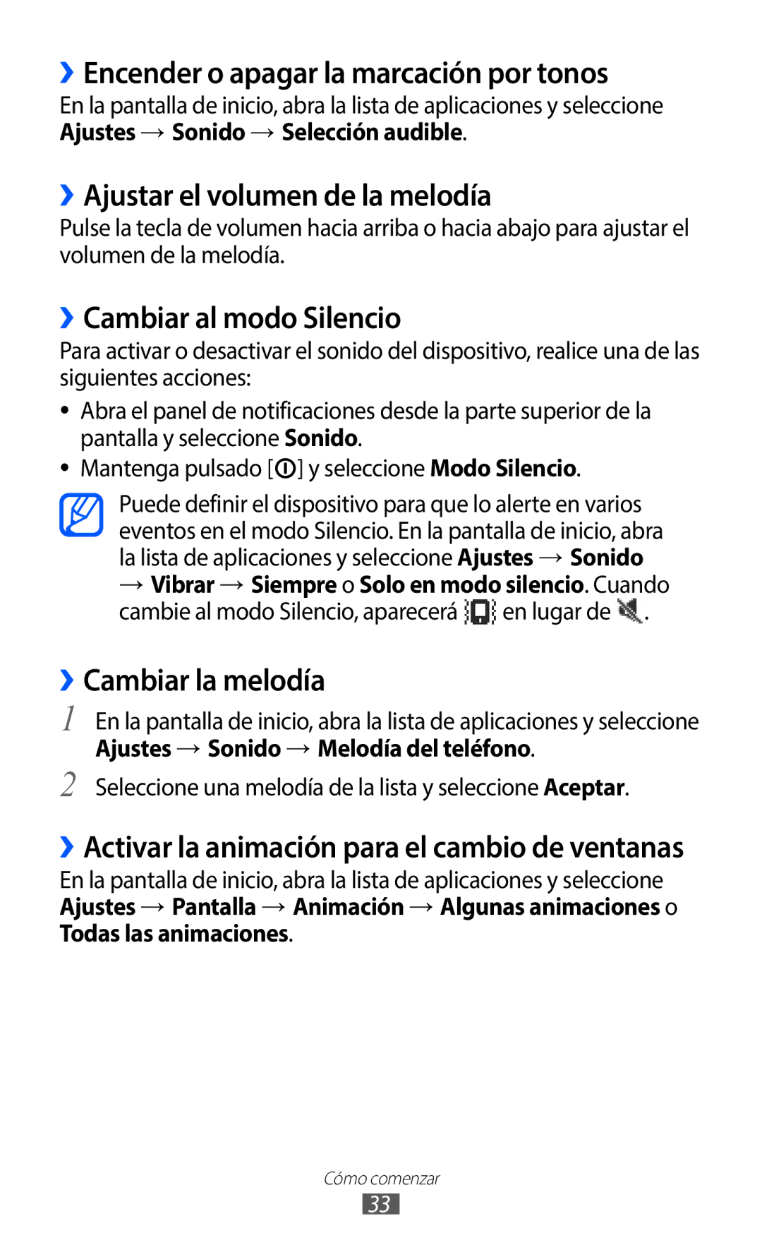 Samsung GT-B5510WSAFOP, GT-B5510CAAYOG manual ››Encender o apagar la marcación por tonos, ››Ajustar el volumen de la melodía 