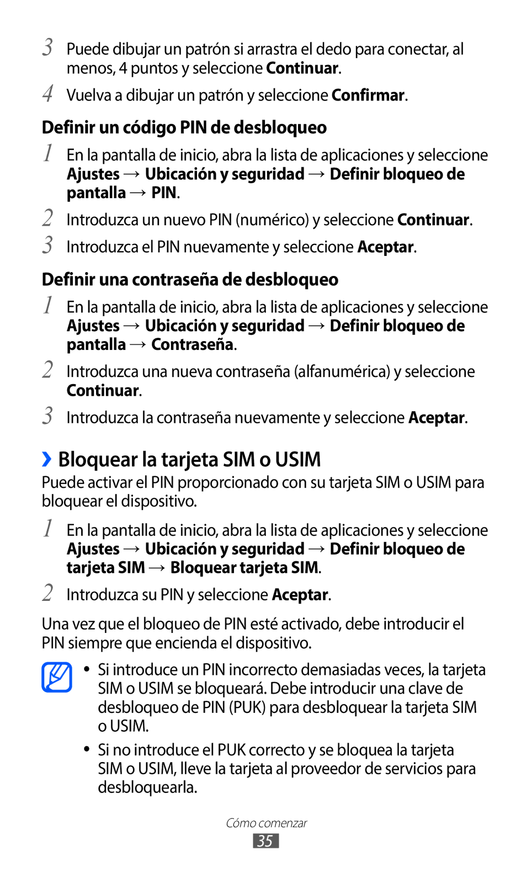 Samsung GT-B5510WSAATL, GT-B5510CAAYOG ››Bloquear la tarjeta SIM o Usim, Vuelva a dibujar un patrón y seleccione Confirmar 