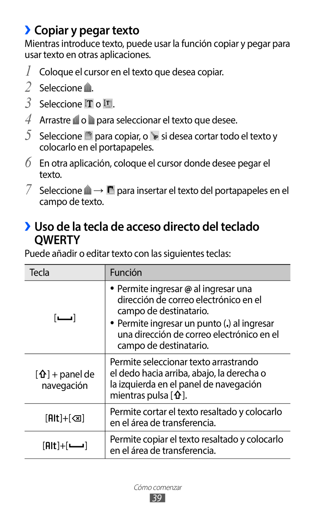 Samsung GT-B5510CAAAMN, GT-B5510CAAYOG manual ››Copiar y pegar texto, ››Uso de la tecla de acceso directo del teclado 