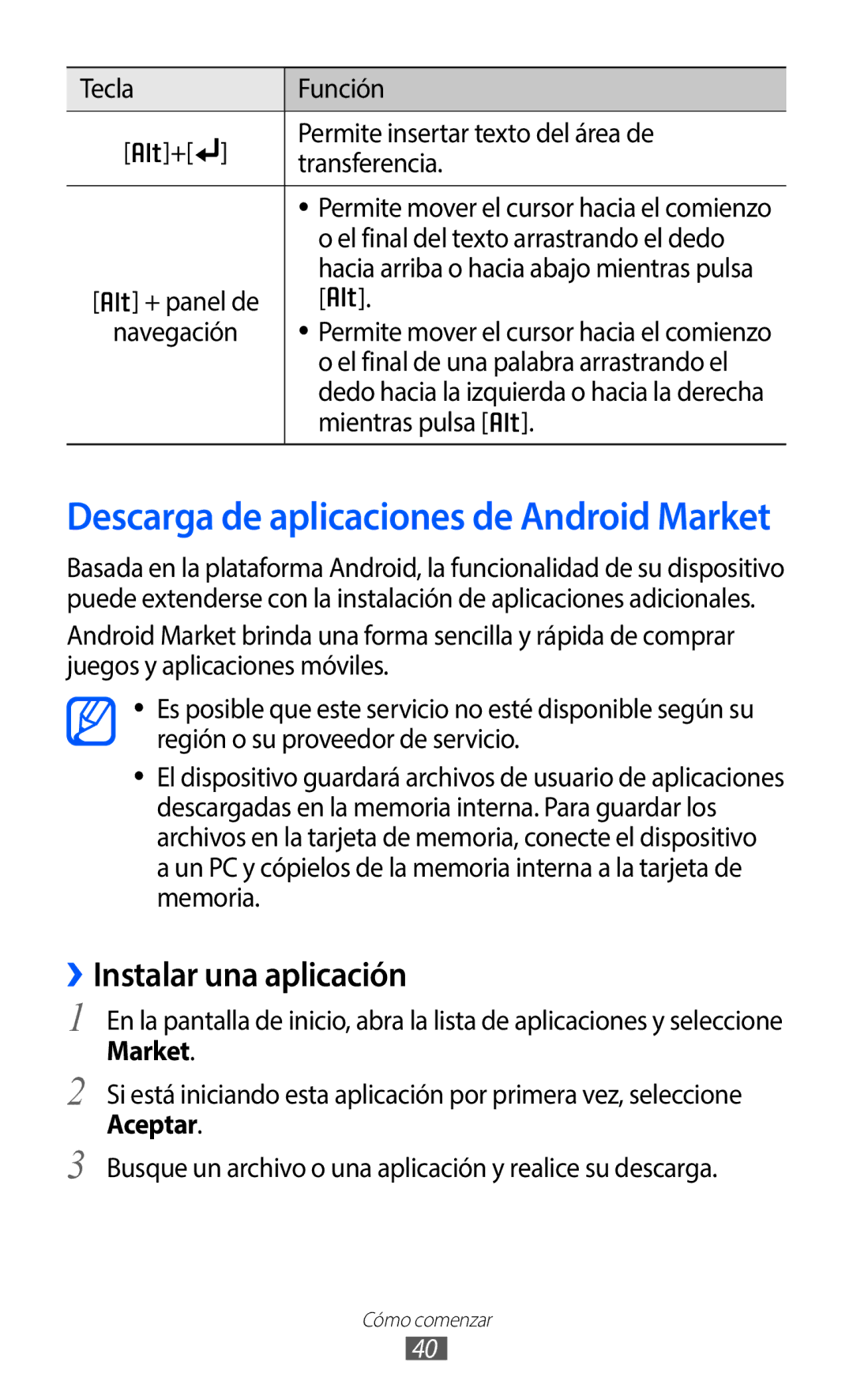 Samsung GT-B5510CAAYOG, GT-B5510CAAFOP manual ››Instalar una aplicación, El final del texto arrastrando el dedo, Navegación 