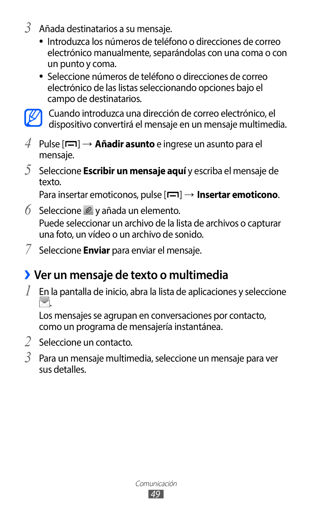 Samsung GT-B5510CAAAMN ››Ver un mensaje de texto o multimedia, Pulse → Añadir asunto e ingrese un asunto para el mensaje 