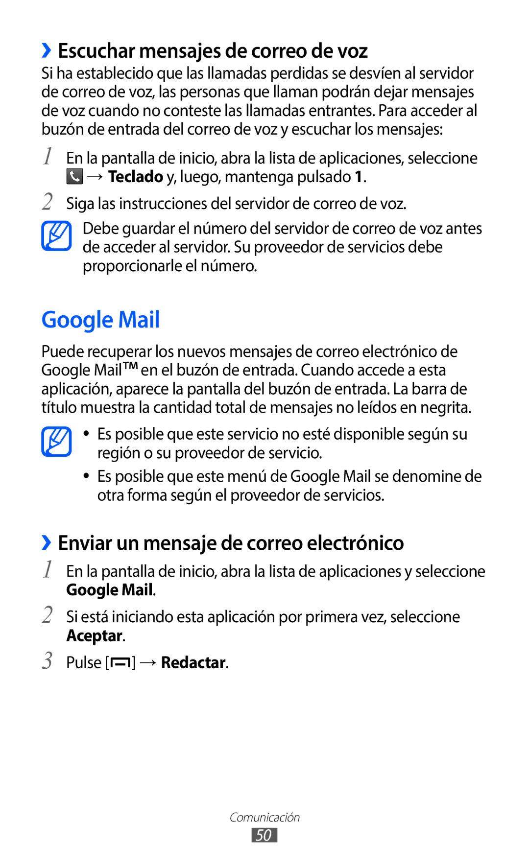 Samsung GT-B5510CAAYOG manual Google Mail, ››Escuchar mensajes de correo de voz, ››Enviar un mensaje de correo electrónico 