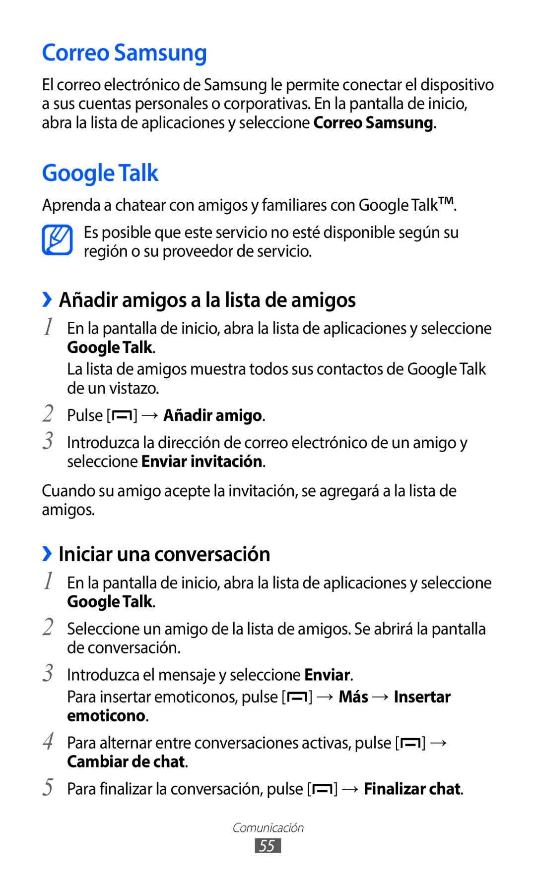 Samsung GT-B5510WSAATL manual Correo Samsung, Google Talk, ››Añadir amigos a la lista de amigos, ››Iniciar una conversación 