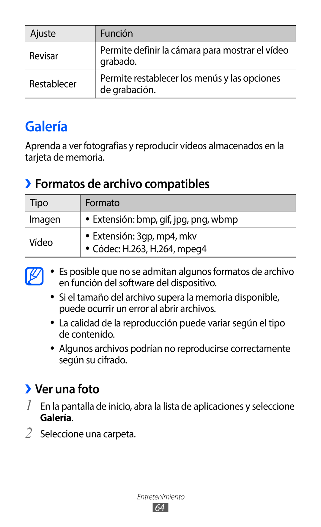 Samsung GT-B5510WSAAMN, GT-B5510CAAYOG, GT-B5510CAAFOP manual Galería, ››Formatos de archivo compatibles, ››Ver una foto 