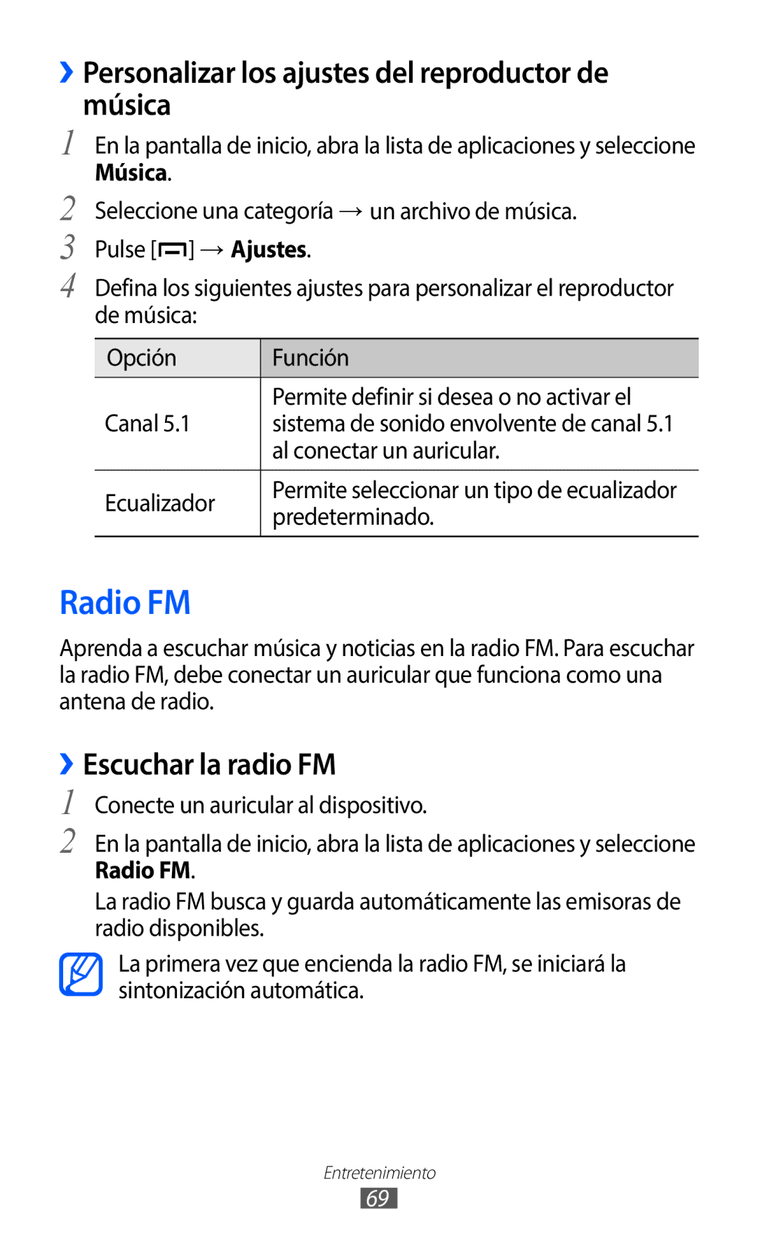 Samsung GT-B5510CAAAMN manual Radio FM, ››Personalizar los ajustes del reproductor de música, ››Escuchar la radio FM 