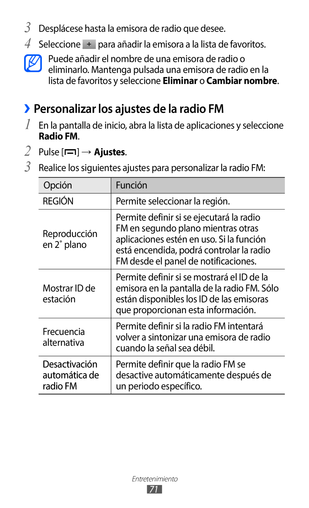 Samsung GT-B5510CAAFOP, GT-B5510CAAYOG, GT-B5510CAAPHE, GT-B5510WSAFOP manual ››Personalizar los ajustes de la radio FM 