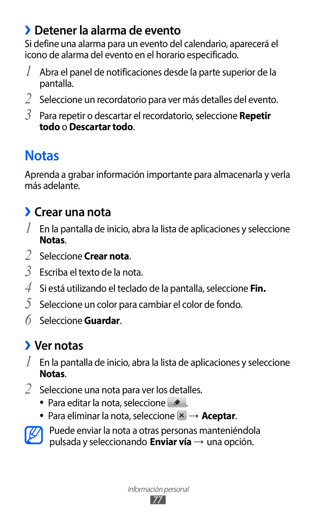 Samsung GT-B5510WSAYOG, GT-B5510CAAYOG, GT-B5510CAAFOP Notas, ››Detener la alarma de evento, ››Crear una nota, ››Ver notas 