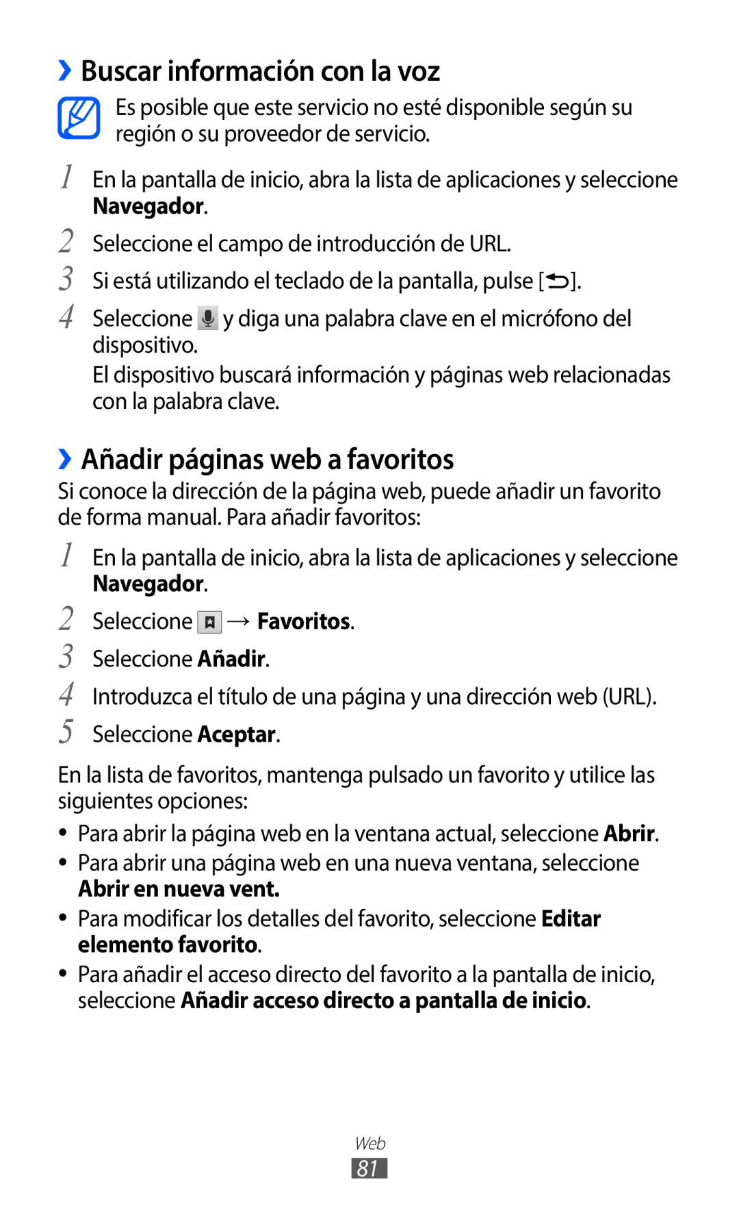 Samsung GT-B5510CAAFOP ››Buscar información con la voz, ››Añadir páginas web a favoritos, Navegador, Abrir en nueva vent 