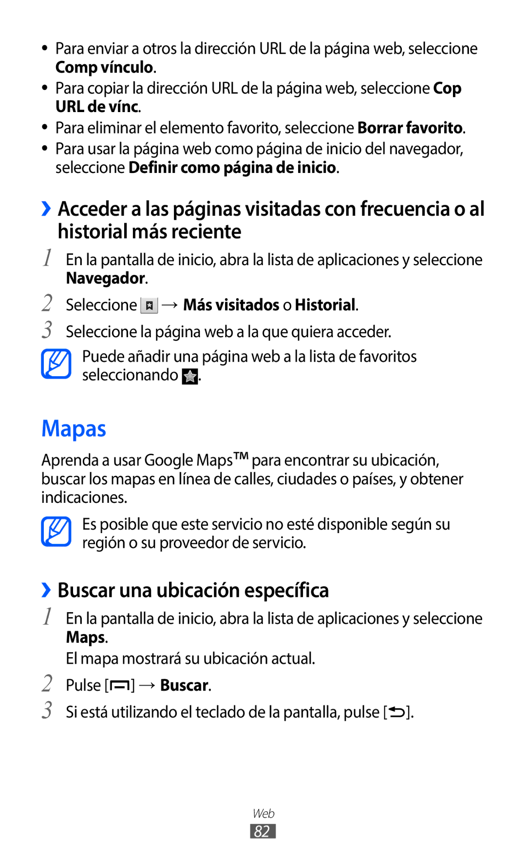 Samsung GT-B5510CAAPHE manual Mapas, ››Buscar una ubicación específica, Navegador Seleccione → Más visitados o Historial 