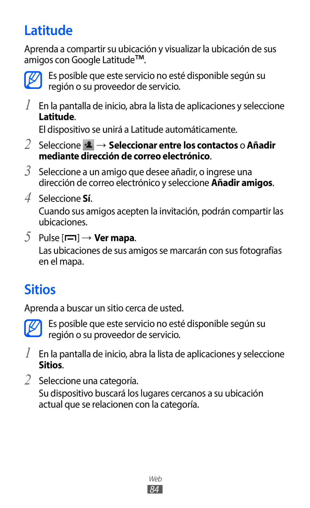 Samsung GT-B5510WSAAMN, GT-B5510CAAYOG, GT-B5510CAAFOP, GT-B5510CAAPHE manual Latitude, Sitios, Seleccione una categoría 