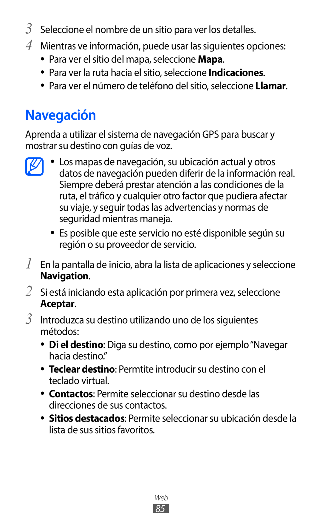 Samsung GT-B5510WSAATL, GT-B5510CAAYOG, GT-B5510CAAFOP Navegación, Seleccione el nombre de un sitio para ver los detalles 