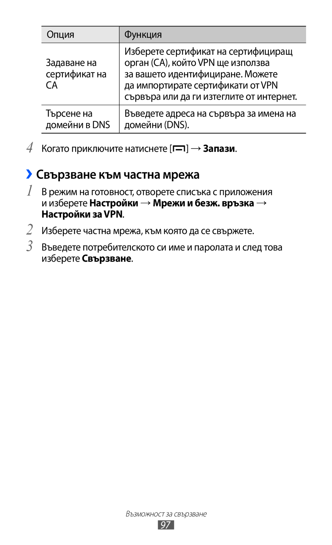 Samsung GT-B5510CAABGL manual ››Свързване към частна мрежа, Опция Функция Задаване на, Орган СА, който VPN ще използва 