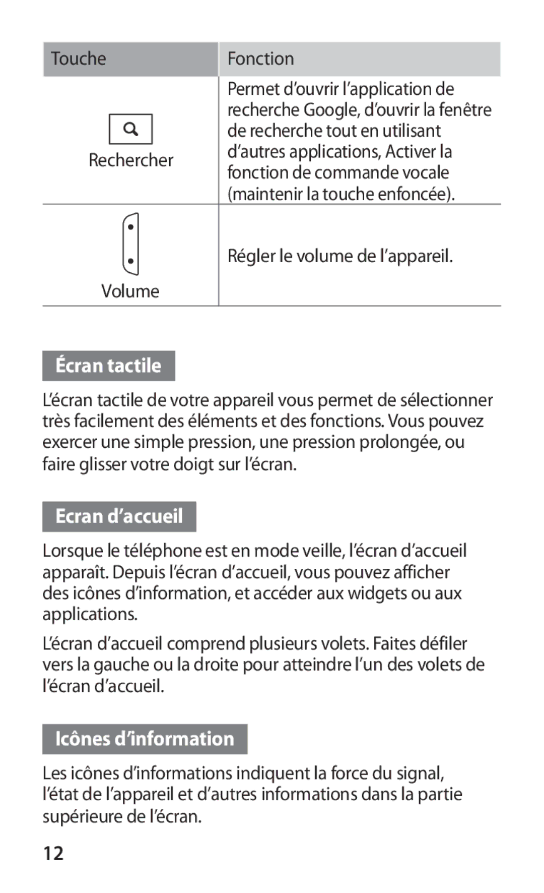 Samsung GT-B5510WSABGL manual De recherche tout en utilisant, Écran tactile, Ecran d’accueil, Icônes d’information 