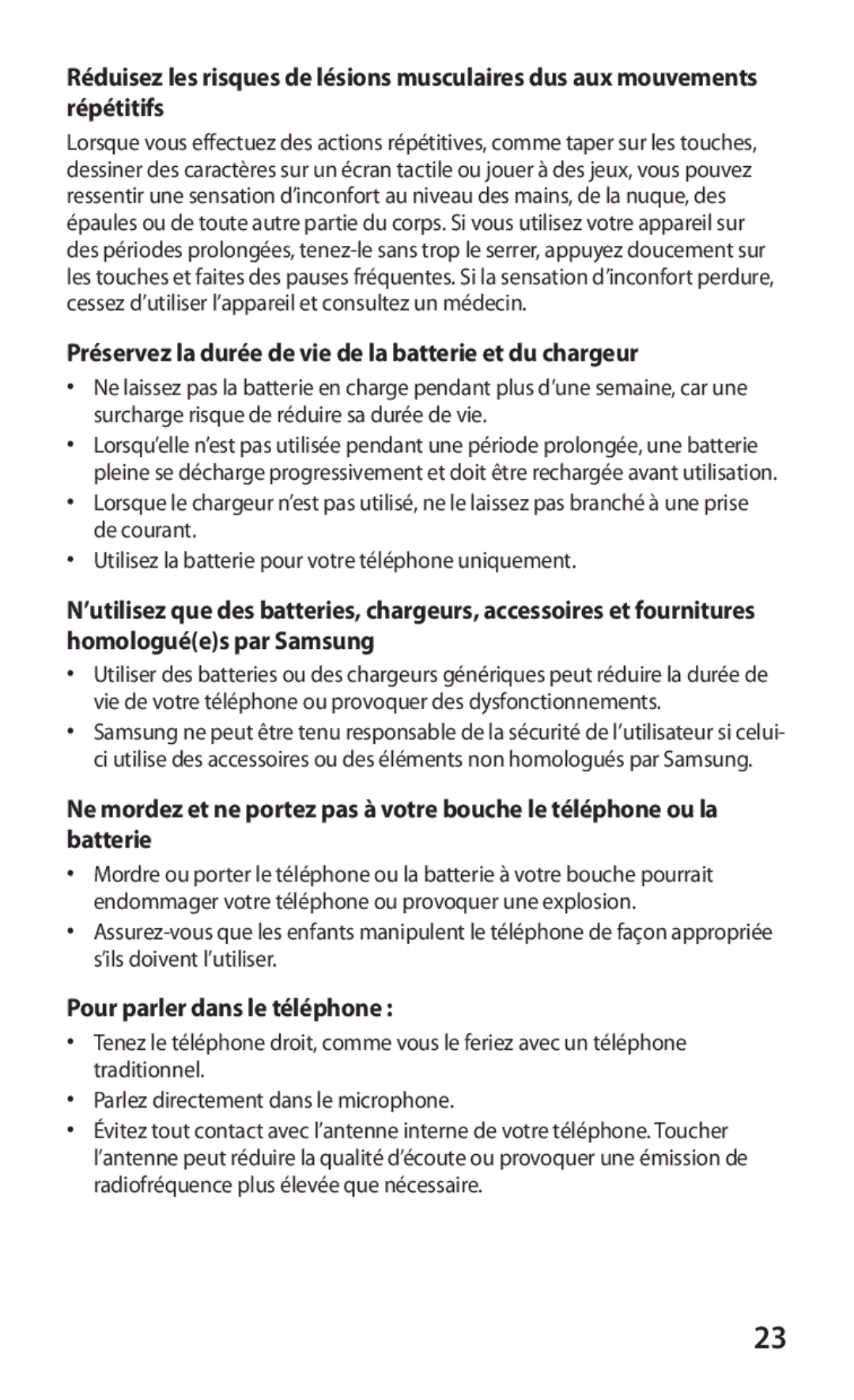 Samsung GT2B5510CAAGBL manual Préservez la durée de vie de la batterie et du chargeur, Pour parler dans le téléphone 