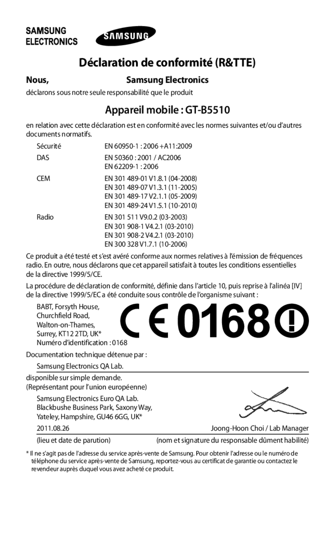 Samsung GT2B5510CAAGBL, GT-B5510WSABGL, GT-B5510CAABGL, GT-B5510WSAGBL, GT2B5510WSABGL Déclaration de conformité R&TTE, Nous 