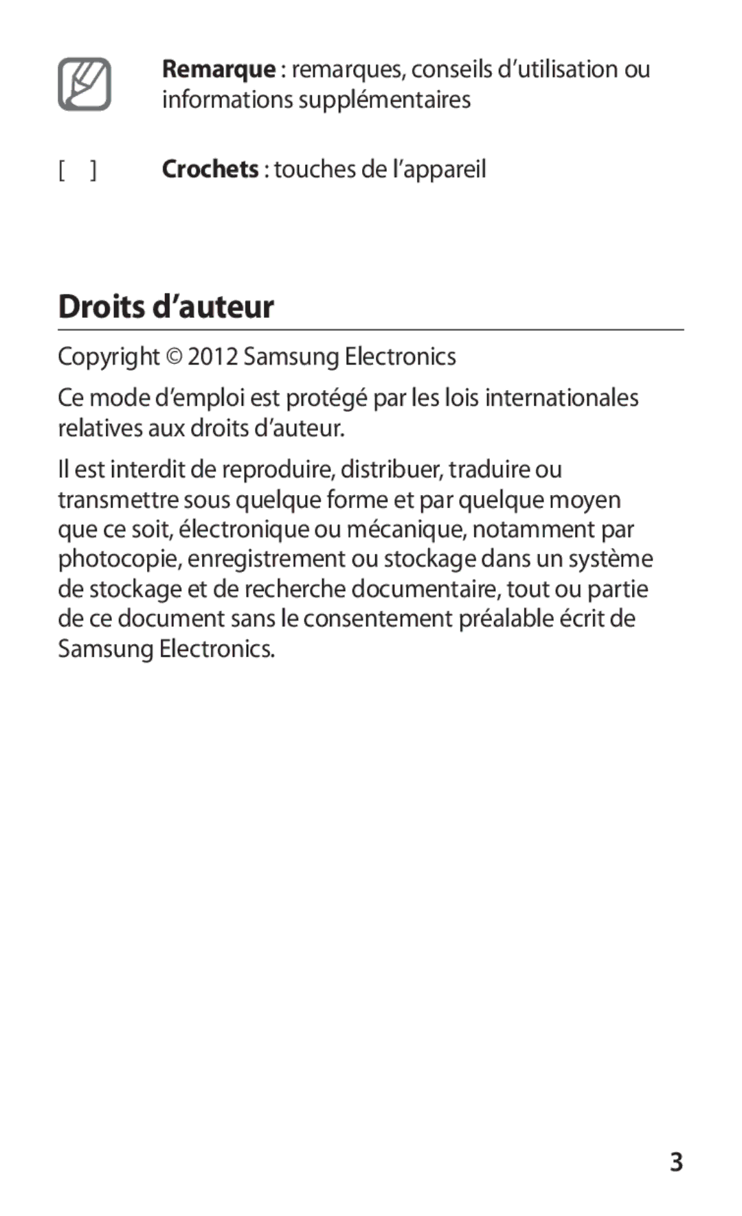 Samsung GT2B5510WSABGL, GT-B5510WSABGL manual Droits d’auteur, Informations supplémentaires, Crochets touches de l’appareil 