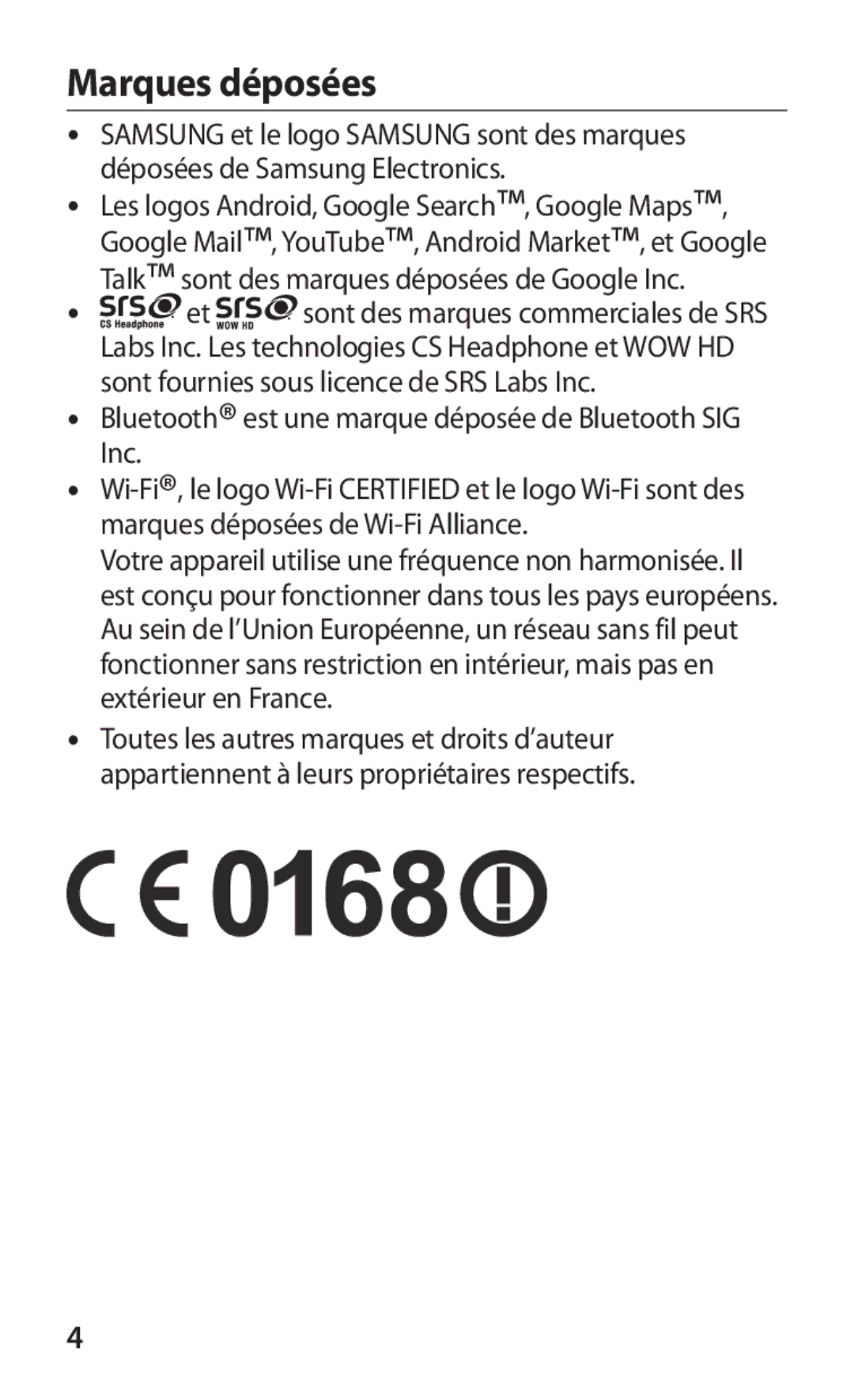 Samsung GT-B5510CAAGBL, GT-B5510WSABGL manual Marques déposées, Bluetooth est une marque déposée de Bluetooth SIG Inc 