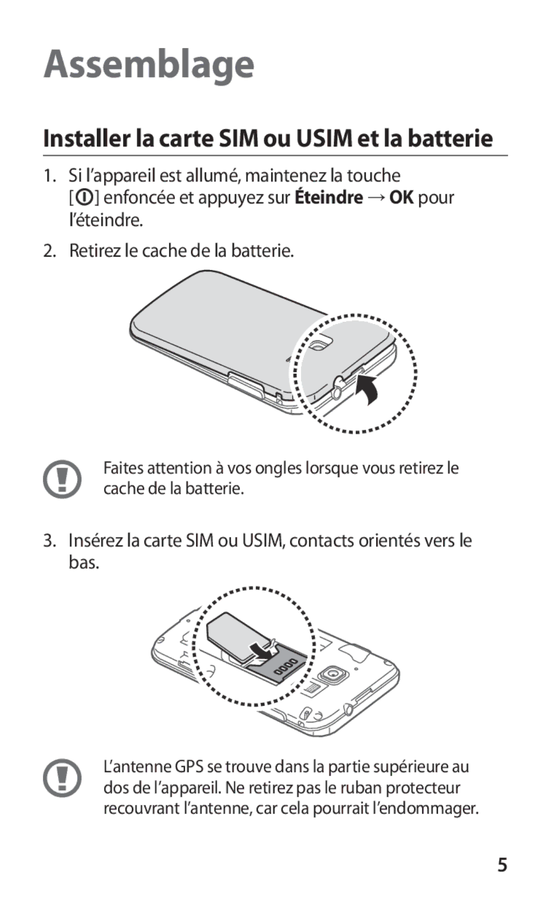 Samsung GT2B5510CAAGBL, GT-B5510WSABGL manual Assemblage, Insérez la carte SIM ou USIM, contacts orientés vers le bas 