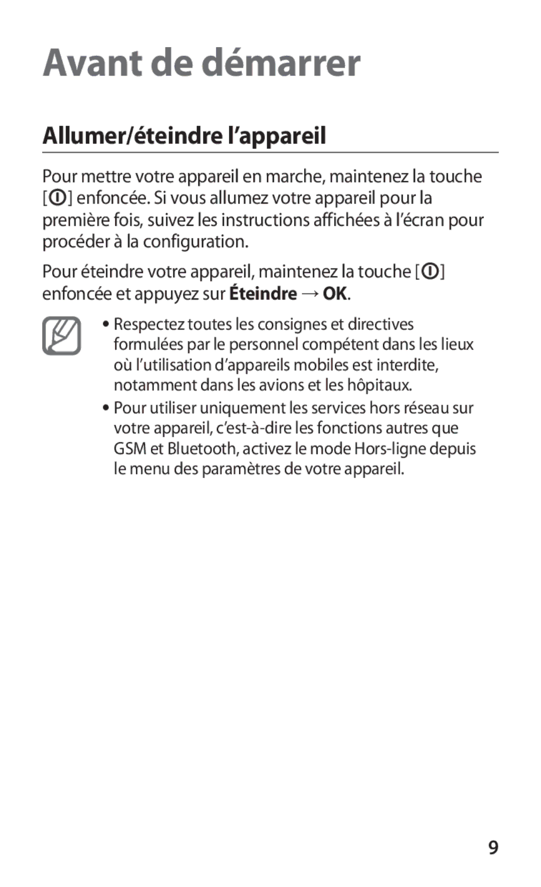 Samsung GT2B5510WSABGL, GT-B5510WSABGL, GT-B5510CAABGL, GT-B5510WSAGBL manual Avant de démarrer, Allumer/éteindre l’appareil 