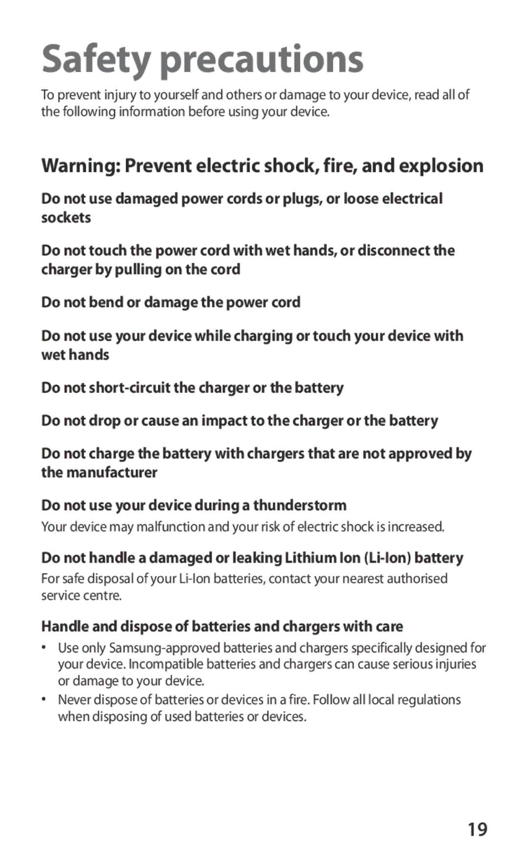 Samsung GT-B5512UWAEUR, GT-B5512HKABGL manual Safety precautions, Handle and dispose of batteries and chargers with care 