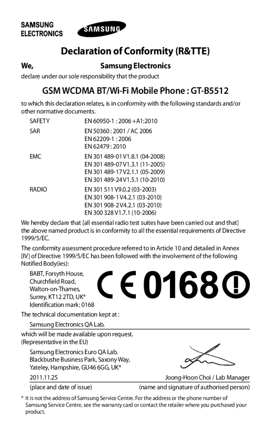 Samsung GT2B5512HKABGL, GT-B5512HKABGL, GT-B5512HKAEUR, GT-B5512HKACYO, GT-B5512UWAEUR manual Declaration of Conformity R&TTE 