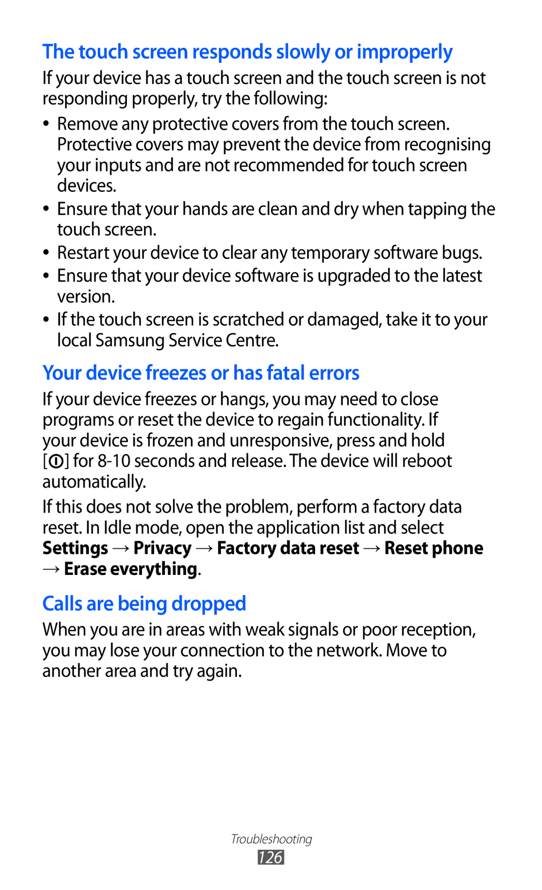 Samsung GT-B5512HKABGL, GT2B5512HKABGL, GT-B5512HKAXSK manual Touch screen responds slowly or improperly, → Erase everything 