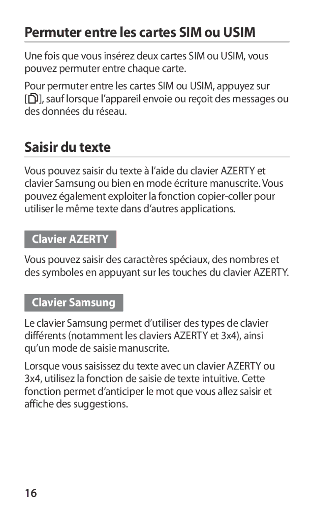 Samsung GT-B5512HKABGL manual Permuter entre les cartes SIM ou Usim, Saisir du texte, Clavier Azerty, Clavier Samsung 