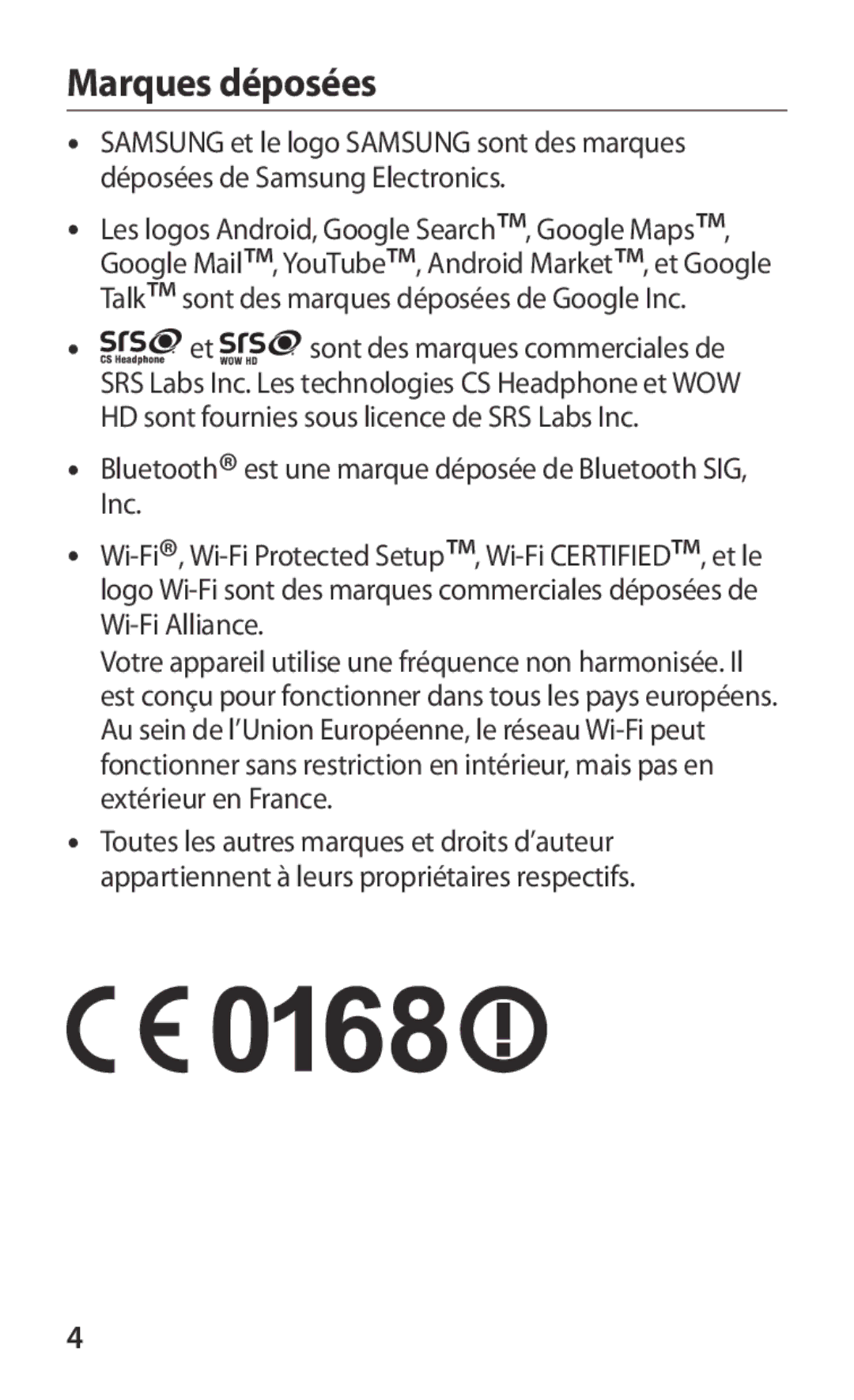 Samsung GT-B5512HKABGL, GT2B5512HKABGL manual Marques déposées, Bluetooth est une marque déposée de Bluetooth SIG, Inc 